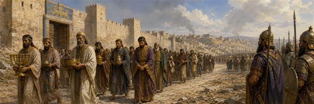 King Jehoiachin, officials, and artisans departing Jerusalem as temple treasures are removed